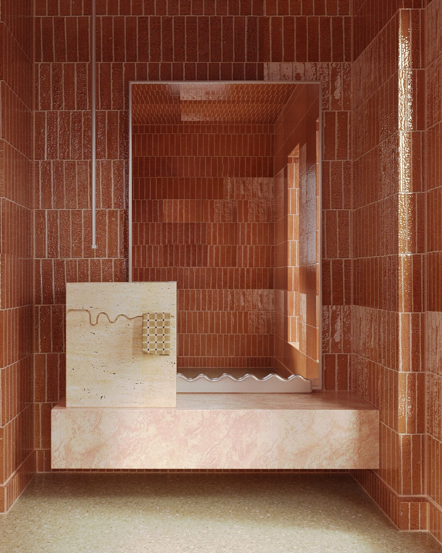 Full-length rectangular mirror with stainless steel frame and wavy base detail, positioned in a tiled bathroom with warm terracotta wall tiles and a stone vanity.