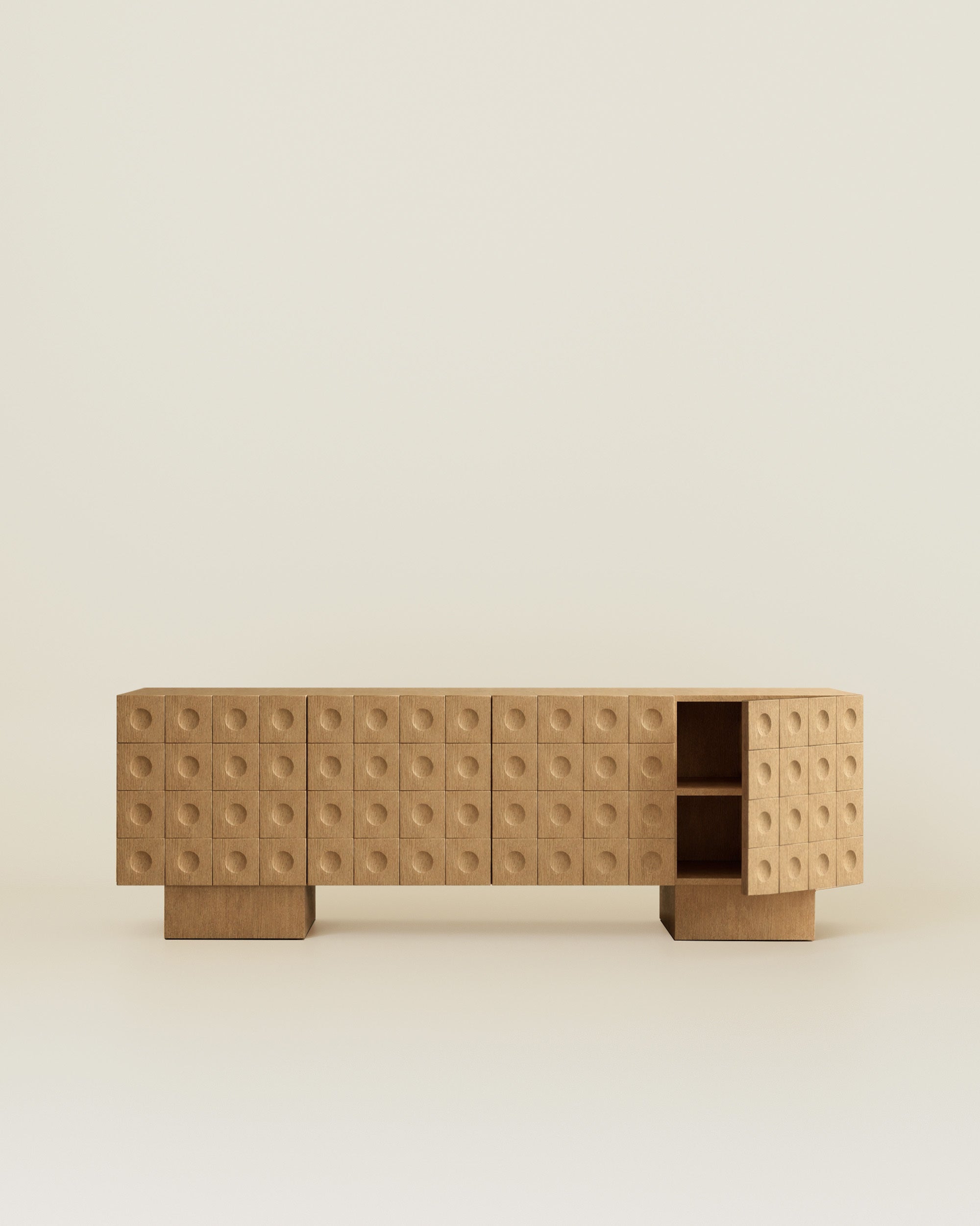 Modern wood sideboard with circular indented drawer fronts, one cabinet open, on a neutral beige background.