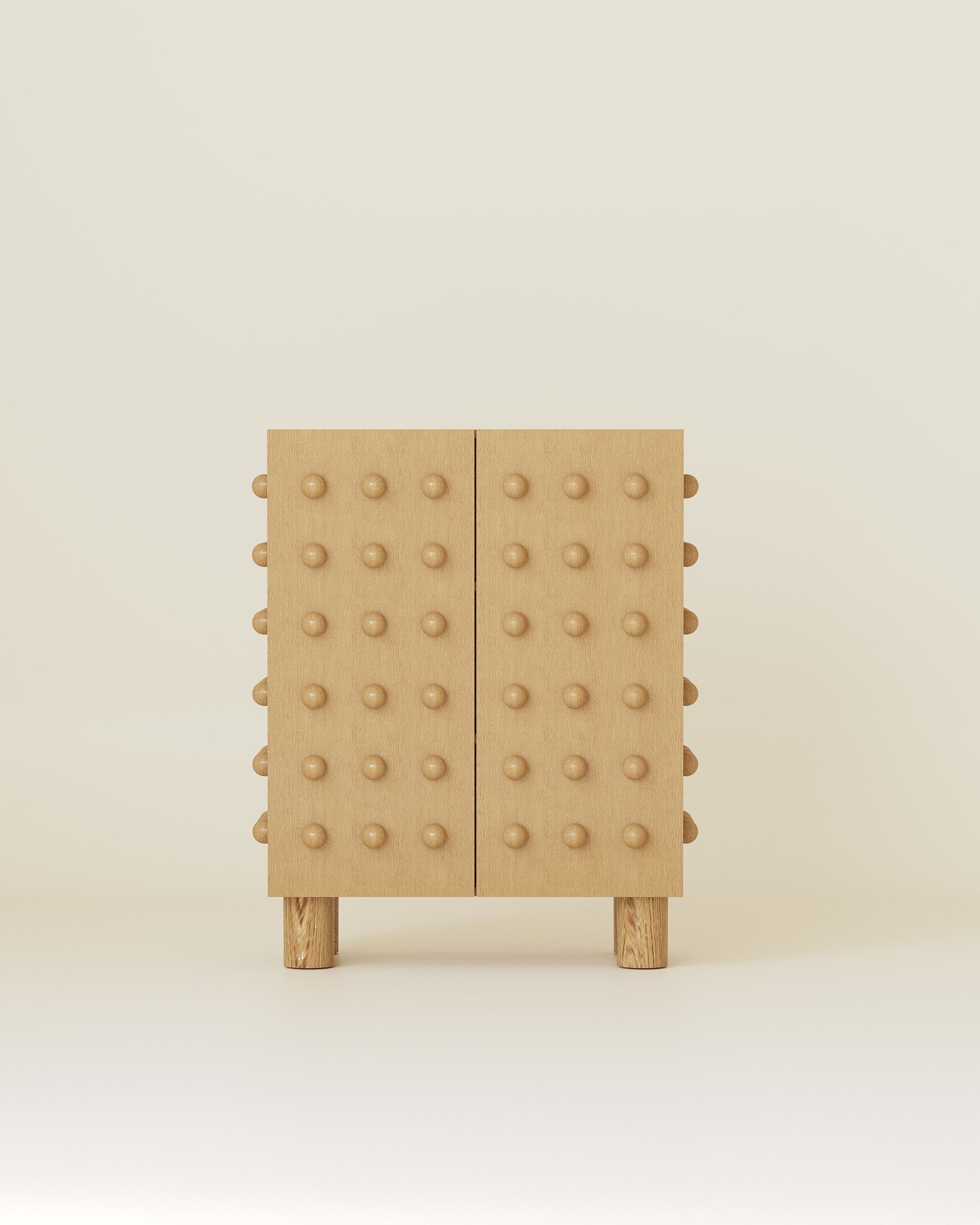 Wooden storage cabinet with a clean rectangular form, featuring evenly spaced rounded wooden spheres across both front doors, standing on short cylindrical wooden legs.