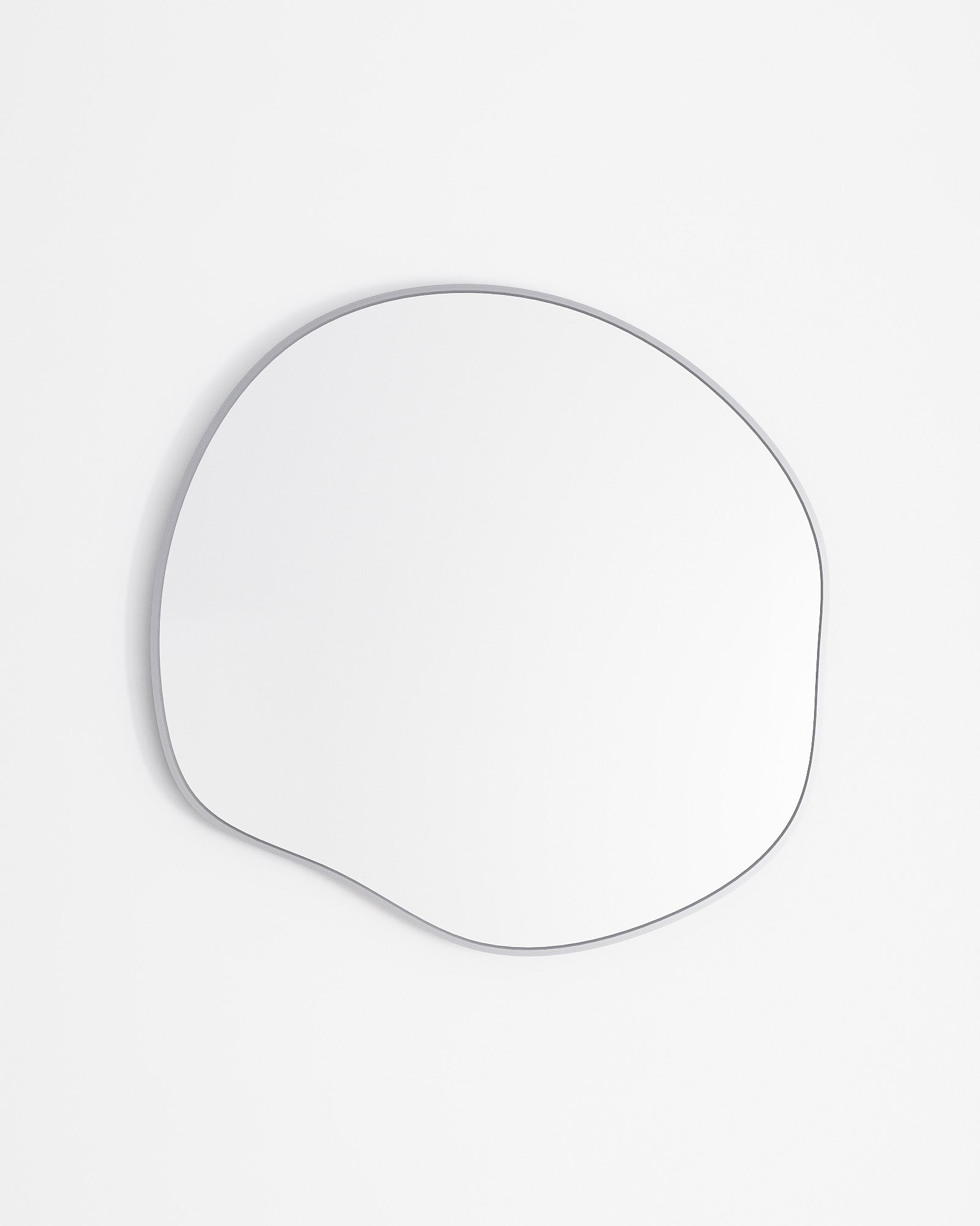 Organic-shaped wall mirror with a slim stainless steel frame on a white background.