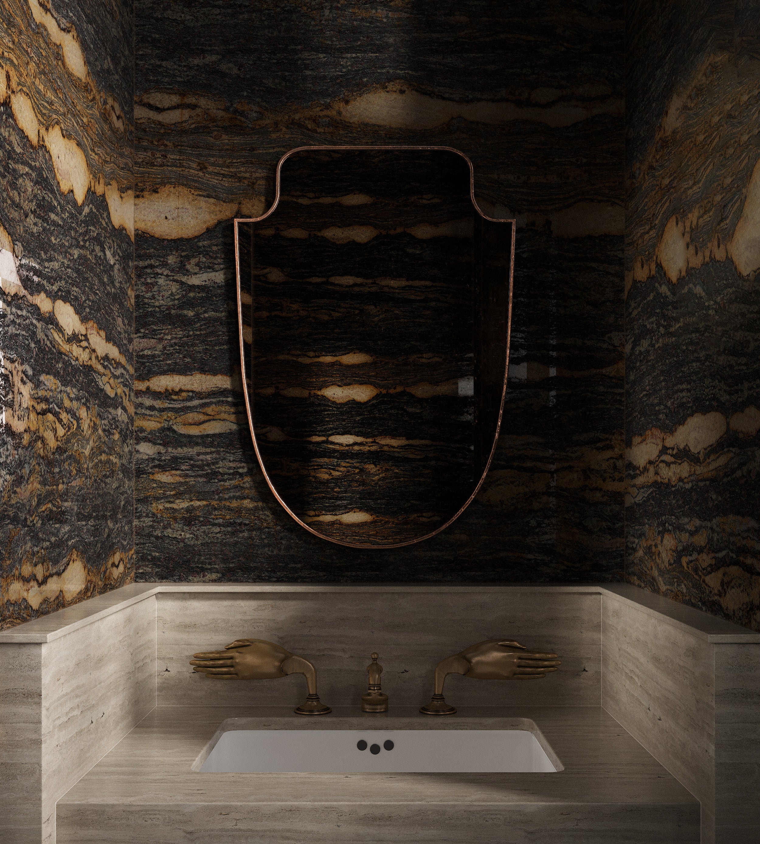 Luxurious bathroom with a sculpted wall mirror, dramatic dark marble walls, and a stone vanity with brass hand-shaped faucets.