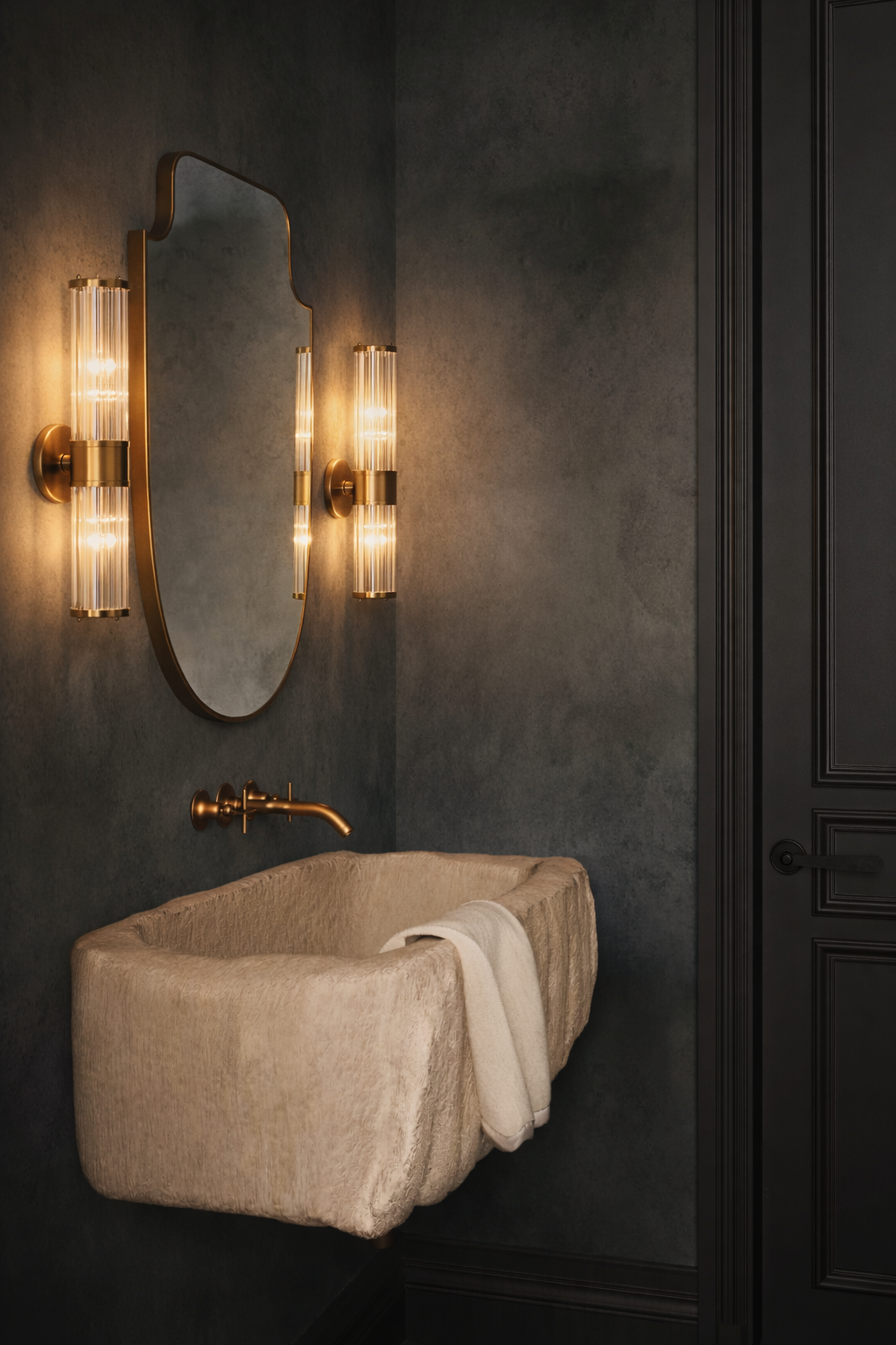 Wall-mounted mirror above a stone sink with brass fixtures and warm-lit sconces in a dark bathroom.