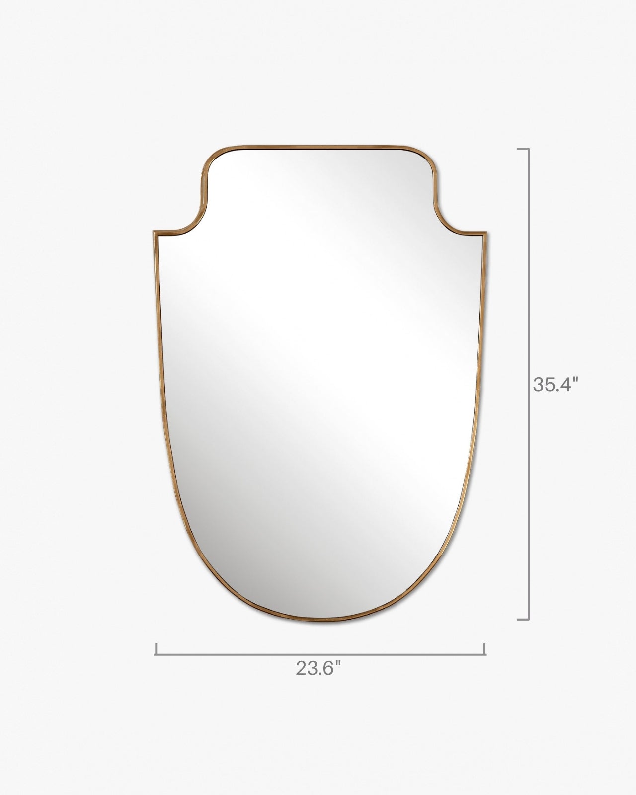 Shield-shaped wall mirror with a gold frame, measuring 23.6 inches wide by 35.4 inches high, shown in a vertical orientation.