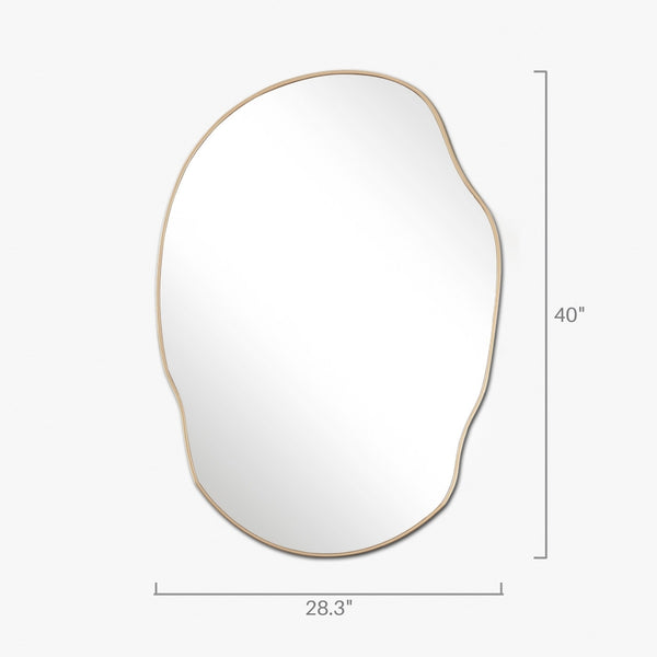 Irregular-shaped wall mirror with a slim metal frame, measuring 40 inches in height and 28.3 inches in width.