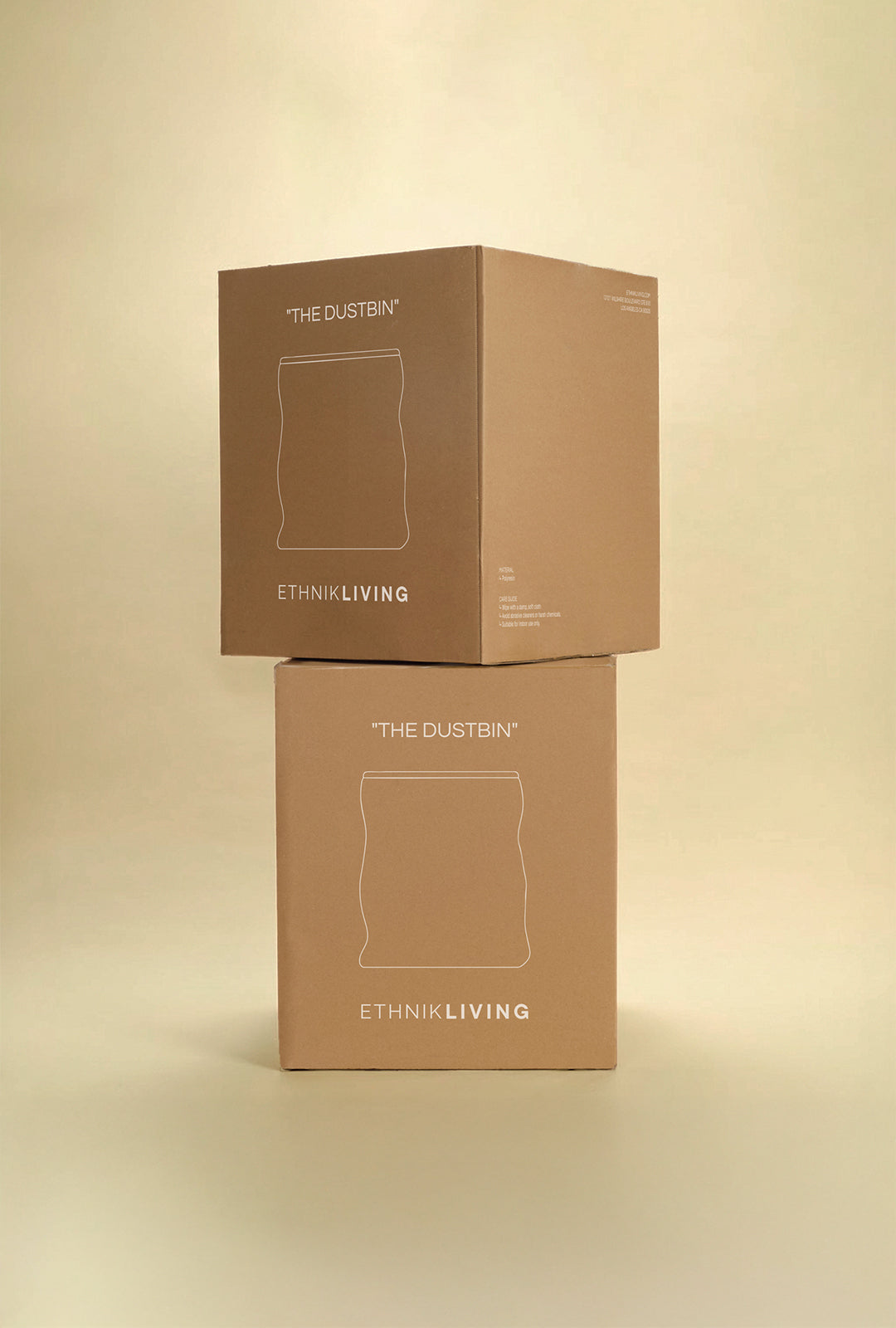 Two stacked brown product boxes labeled “THE DUSTBIN” with the brand name “ETHNIK LIVING,” featuring a line illustration of the dustbin on the front, against a light yellow background.