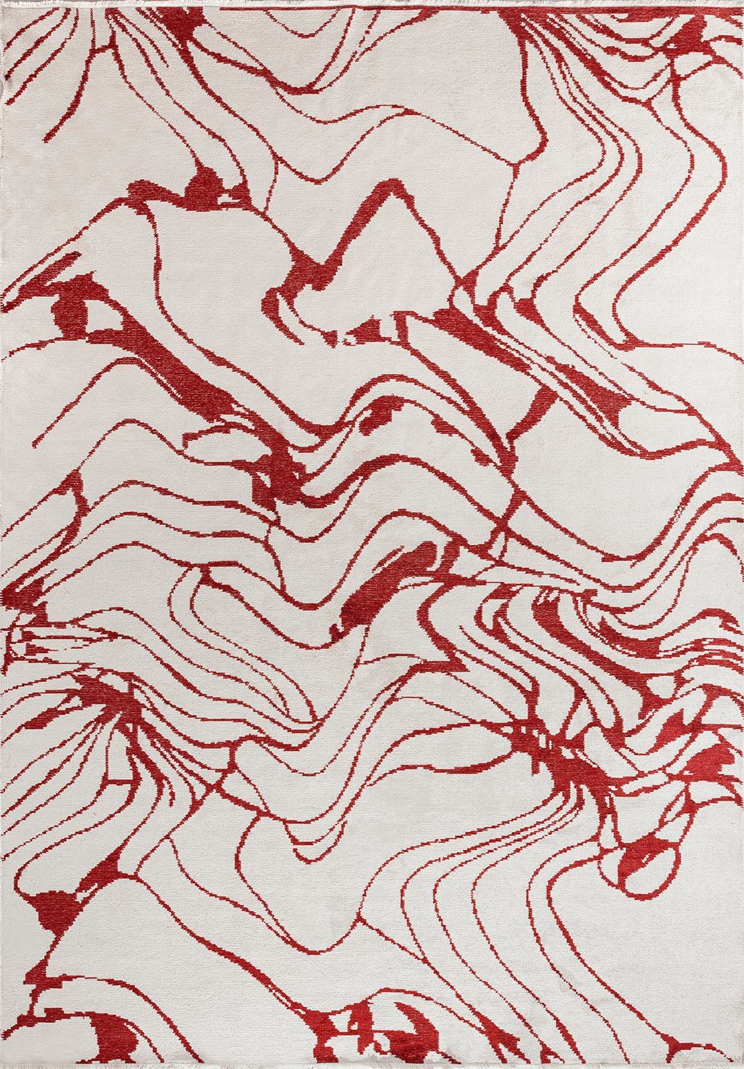 Bold red abstract flowing lines on a soft ivory flat-woven rug.